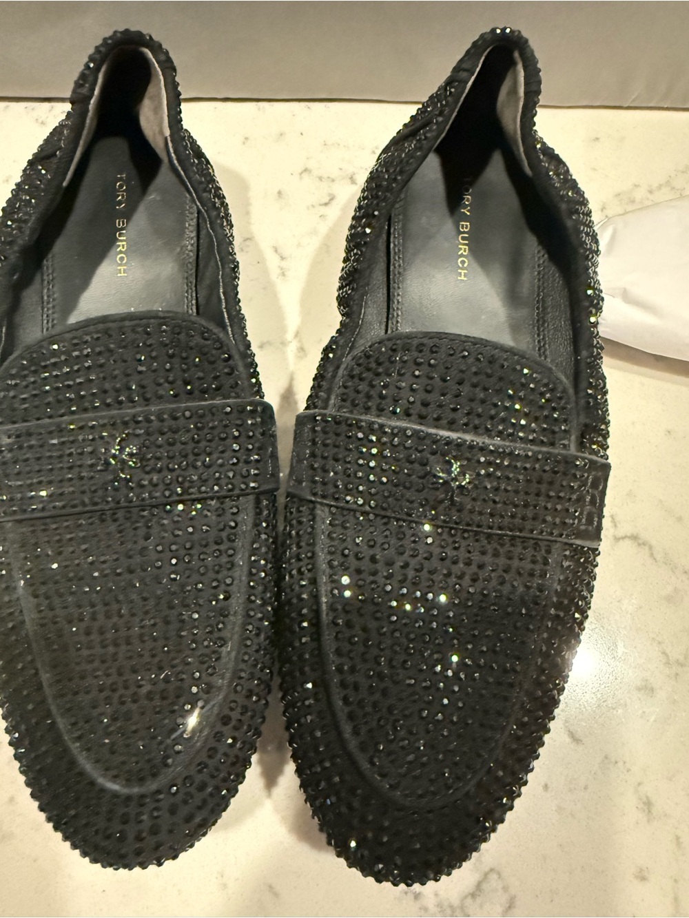 Tory Burch Black Crystal-Studded Suede Loafers